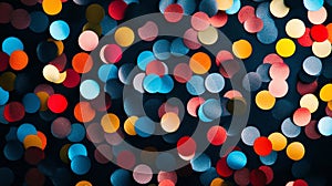 Vibrant abstract background with colorful bokeh dots on dark backdrop. Generative AI