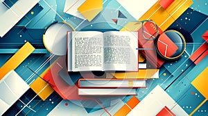 Vibrant abstract background with colorful books and an open text-filled volume on top photo