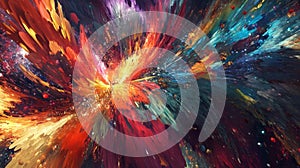 Vibrant abstract brushstroke explosion in multicolor cosmic galaxy art with dynamic energy and motion