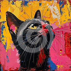 Vibrant abstract cat with piercing yellow eyes.