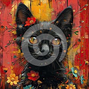 Vibrant abstract cat with piercing yellow eyes.