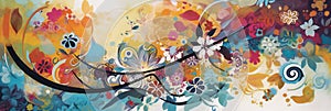 A vibrant, abstract collage depicting the changing seasons, with swirling leaves, blooming flowers, and snowflakes