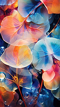 Vibrant and abstract colorful leaves and drops in artistic harmony