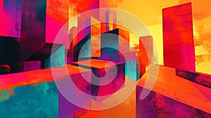 This vibrant abstract composition features overlapping squares of orange, pink, and blue colors.