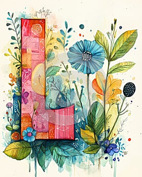 Floral Abstract Art Featuring the Letter \'L\' with Botanical Elements and Watercolor Accents photo