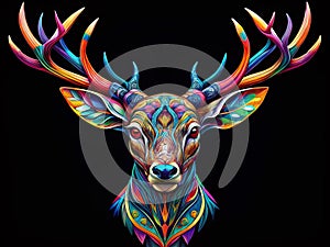Vibrant Abstract Deer Head Design Geometric Psychedelic Art on a Striking Black Background A Colorful Modern Animal photo