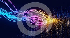 Abstract digital art featuring colorful lines and binary code on a dark blue background design element