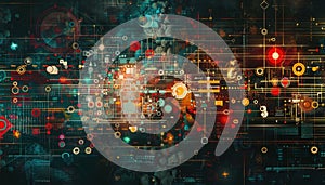 Abstract digital design featuring vibrant colors and geometric shapes with interconnected patterns and data elements