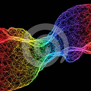 A vibrant, abstract digital art piece on a black background features interconnected,