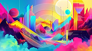 A vibrant, abstract digital art piece blending geometric shapes and vivid colors, creating a futuristic cityscape against a