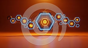 Futuristic Hexagonal Network with Glowing Icons