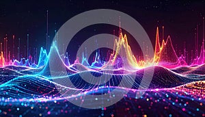 Abstract Digital Landscape of Neon Sound Waves and Stars