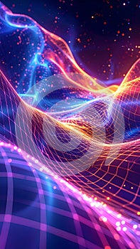 Abstract Digital Landscape with Glowing Particles and Grid Structure