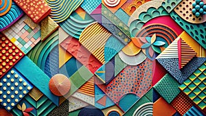 Vibrant abstract geometric composition featuring multicolored shapes and textures. Generative AI