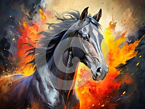 Vibrant Abstract Horse Head Painting Dynamic Colors and Fluid Lines on a Bold Orange Red and Yellow Background photo