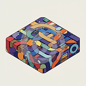 A vibrant, abstract illustration featuring a cube with a maze-like design. The cube is