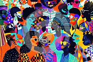This is a vibrant, abstract illustration featuring a diverse group of people