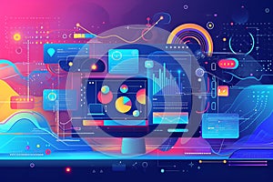 Colorful data dashboard interface with charts and graphs on futuristic computer screen