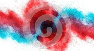 Abstract Swirl of Red and Teal Powder Explosion on White Background