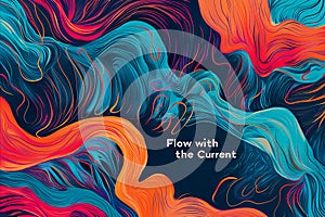 Vibrant abstract image with fluid wave patterns in shades of blue, orange, and red, with Flow with the Current text