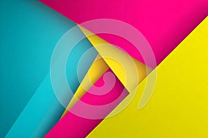 A vibrant abstract image with overlapping colorful paper sheets in pink, yellow, and blue