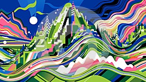 Vibrant Abstract Landscape Art with Dynamic Shapes and Colors
