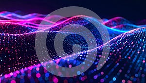 A vibrant abstract landscape of glowing pink and blue particles forms undulating waves, representing digital data flow or