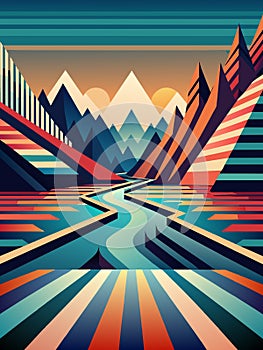 Vibrant Abstract Landscape with Mountainous Horizon and Stylized River Vector photo