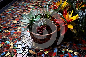 Vibrant Abstract Mosaic: Intricate Ceramic Tiles on Glossy Black Floor