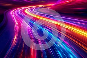 Vibrant Abstract Neon Light Trails Streaming Across a Dark Background in Smooth Curves and Swirls