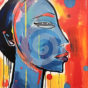 Vibrant Abstract Outsider Art: African Head In Dark Azure And Orange