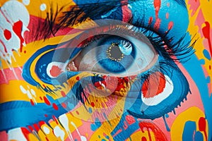 Vibrant Abstract Painted Face Close Up Artistic Eye Makeup with Colorful Patterns and Splashes