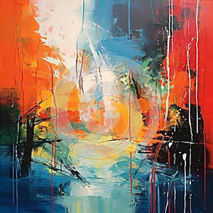 Vibrant Abstract Painting: Romantic Riverscapes In Blue, Red, And Orange