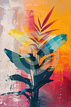 Vibrant abstract painting of a tropical plant with colorful leaves on a yellow and red background.