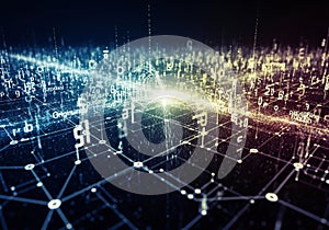 A vibrant abstract representation of a digital data stream and network.