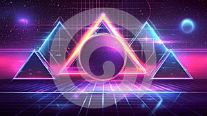 Vibrant abstract retro futurism background with neon geometric shapes and cosmic elements photo