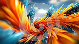 A vibrant, abstract swirl of orange and blue shapes creating a dynamic visual effect