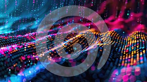 Vibrant abstract visualization of binary code streams merging into visual colorful patterns. Big data visualization