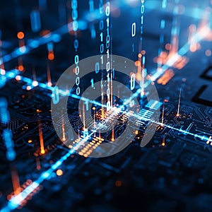 Abstract digital data flow on a futuristic circuit board