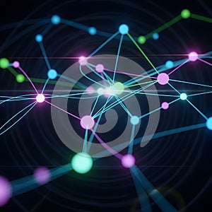Abstract glowing network of interconnected nodes and lines symbolizing data flow and digital connections