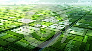 Vibrant aerial landscape cultivated farmland beside river in digital matte painting