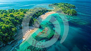 A vibrant aerial shot of a secluded beach and fores