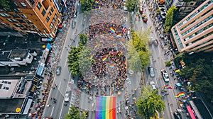 Vibrant Aerial View of a Colorful Pride Parade in the City