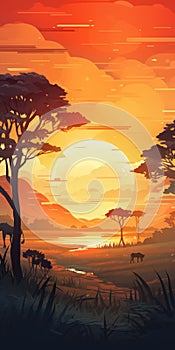 Vibrant African Sunrise: Modern Savanna Illustration With Warm Color Palette