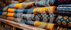 Vibrant African textiles with intricate patterns and rich colors in local market. Concept Colorful