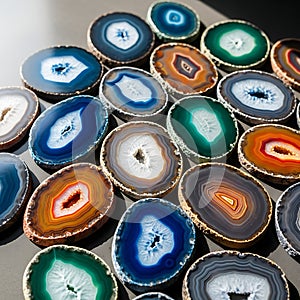 Vibrant Agate Slices on Display Surface