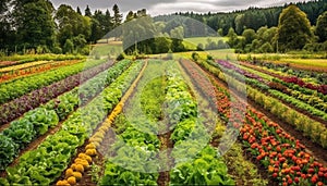Vibrant agriculture industry grows healthy food in landscaped rural meadows generated by AI