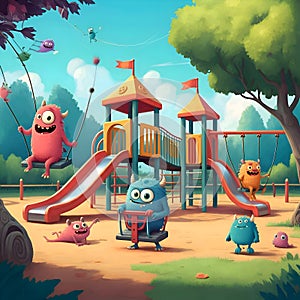 AI-Generated Colorful Playground with Monster Characters on Swings, Slides, and Merry-Go-Round photo