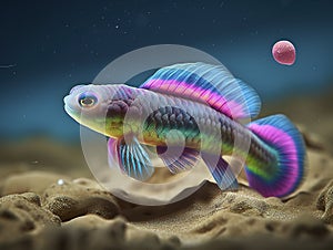 Vibrant AI-generated underwater art with hyper-realistic sci-fi style, realistic fish portraits, saturated colors, light crimson &