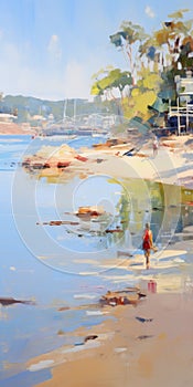 Vibrant Coastal Painting: People In Water Near Beach photo